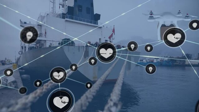 Animation of network of connections with icons and delivery drone over ship and port