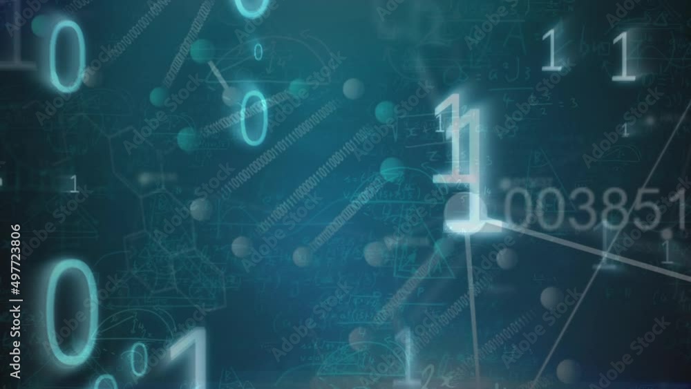 Poster animation of binary code, dna and scientific data on green background