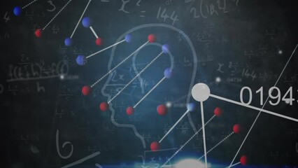 Animation of data processing, dna and human profile on black background - Powered by Adobe