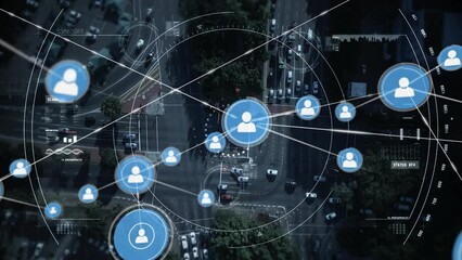 Animation of network of connections with icons over road traffic