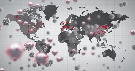 Animation of virus cells over world map and grey background - Powered by Adobe