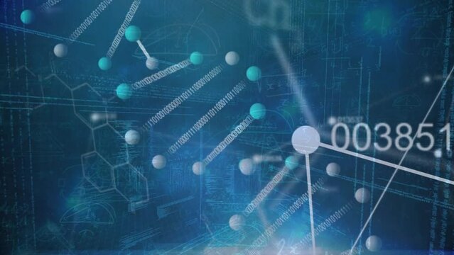 Animation of dna and scientific data processing on blue background