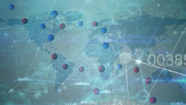 Animation of, dna and scientific data on blue background with world map