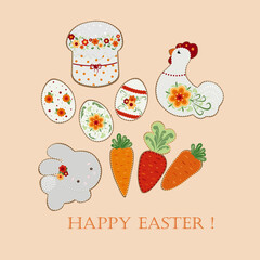 Happy Easter card with easter bunny, Easter cake, eggs, carrots and chicken