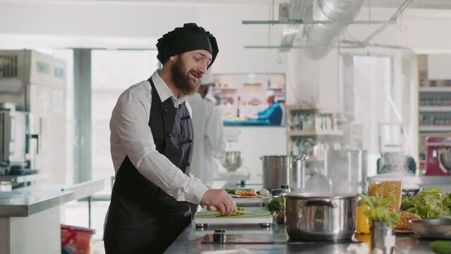 POV Of Professional Chef Filming Cooking Show Program, Doing Culinary Television Content On Camera. Cook Making Delicious Gastronomy Meal And Gourmet Dish, Recording Vlog. Tripod Shot.