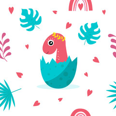Pink dinosaur. baby in eggshell among tropical leaves. Seamless pattern. Children's birthday, holiday packaging, print textiles. vector kids poster