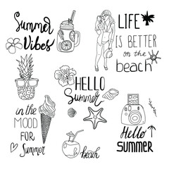 set of lettering and summer doodle with girl, ice-cream, pineapple, camera