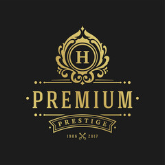 Luxury logo design template vector illustration. Victorian vignettes ornament shapes for logotype or badge design. Good for fashion boutique, alcohol or restaurant branding.