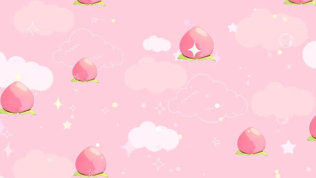 Looped cartoon peaches and doodle clouds in the pink sky animation.