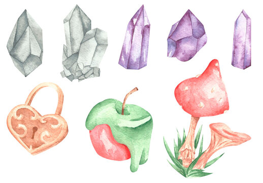 Watercolor set of hand-drawn magical occult elements. The Sorceress isolatet collection