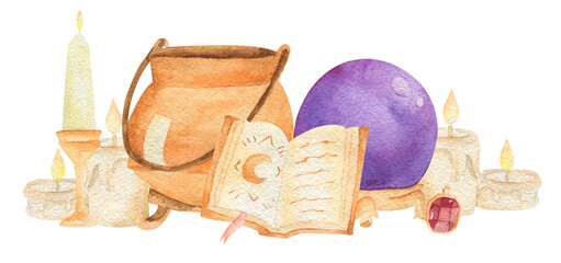 Halloween watercolor illustration. Hand drawn festive composition isolated on white background. Magic glass ball, candles