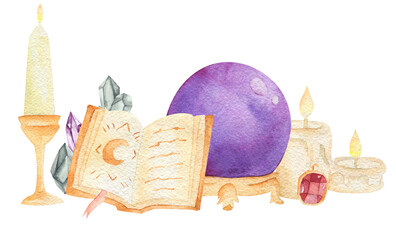 Halloween watercolor illustration. Hand drawn festive composition isolated on white background. Magic glass ball, candles
