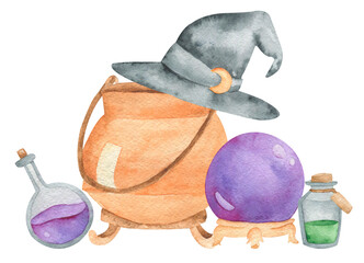 Halloween watercolor illustration. Hand drawn festive composition isolated on white background. Magic potions. witch hat and pot