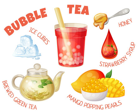 Cartoon Illustration With Bubble Tea Ingredients Isolated On White Background. Vector Icons Set Of Boba Tea Glass, Strawberry Syrup Drop, Melting Ice Cube, Brewed Green Tea, Mango Fruit Popping Pearls