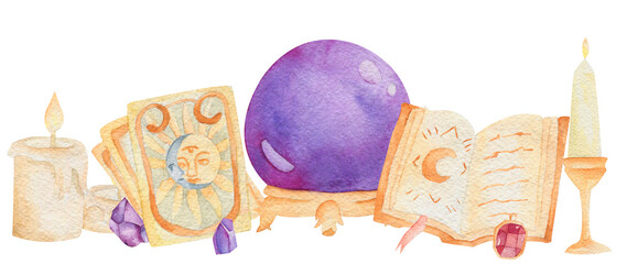 Halloween watercolor illustration. Hand drawn festive composition isolated on white background. Magic glass ball, candles spell book. tarot cards