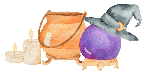 Halloween watercolor illustration. Hand drawn festive composition isolated on white background. Magic glass ball, candles witch hat