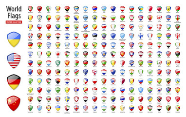 Flags of the world - vector set of shield, glossy icons.