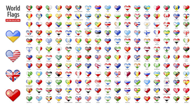 Flags of the world - vector set of heart shaped glossy icons.