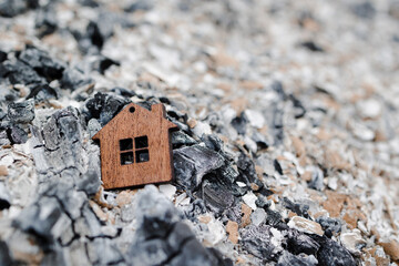 Obraz na płótnie Canvas Tiny wooden house on an ash . Fire concept