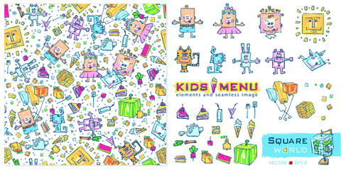 A set of elements and a seamless image for gift wrapping or a children's menu in pastel colors