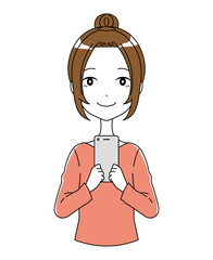 スマホを持った笑顔の女性のイラスト