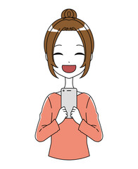 スマホを持った笑顔の女性のイラスト