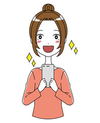 スマホを持った目を輝かせている女性のイラスト