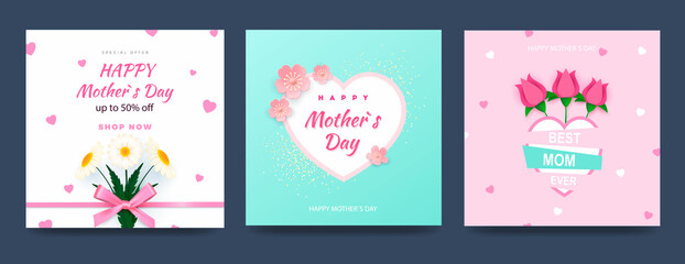 Fototapeta na wymiar Set of Mother s Day cards with hearts and spring flowers in pastel colors. Heart shaped vector love symbols for Mother s Day greeting card design. Vector