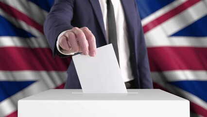 Voting. Man Putting a Ballot into a Voting Box with British Flag on Background.