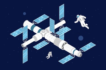 Space station isometric illustration in space near planets and stars © Andrii