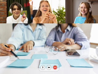 Young women having online video call with teacher, having lesson via special application.