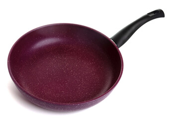 dark red frying pan with black handle and non-stick coating on a white background