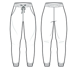 Men's Joggers, Women Joggers, Unisex Joggers Front and Back View. Fashion Illustration, Vector, CAD, Technical Drawing, Flat Drawing.