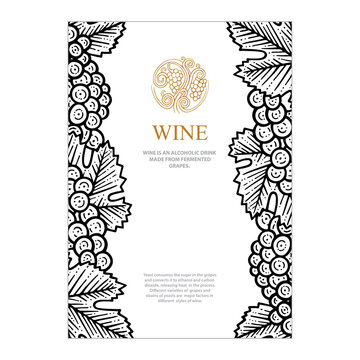 Grape And Wine Vintage Style Illustrations. Wine List Design Template. Wine Theme Cover Design For Brochures, Posters, Promotion Banners, Menus, Book, Magazine, Booklet, Flyer. Part Of Set.