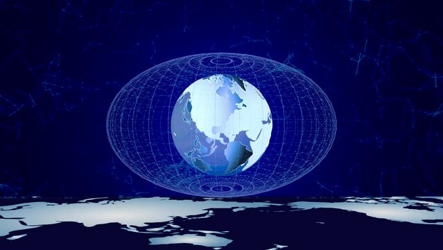 回転する地球と楕円体に世界地図