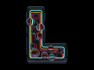 Futuristic font. Glass balls and neon rays. Letter L
