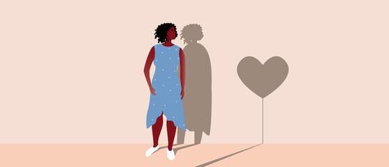 African Woman and Shadow of Heart as Concept of Love, Flat vector Stock illustration as Concept of Loneliness, Non-Reciprocal Love