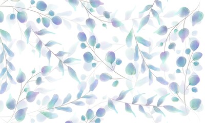 Watercolor botanical pattern leaves. Wallpaper border  green and blue leaf branches. Botanical illustration isolated on white background.
Collection of leaves, branches. For postcards, invitations.