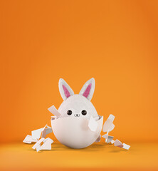 Easter bunny hiding in an egg, 3d render. Rabbit is sitting in a broken egg, hunting for Easter eggs. Cute plush Easter character. Happy Easter banner, poster, greeting card, copy space