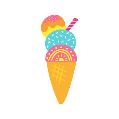 Bright colourful summer illustration of ice cream with a crispy sweet waffle tube on a white background. Ice Cream Cone Flat Design Dessert Icon in cartoon style. Hand drawn vector illustration 