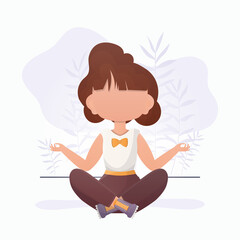Little girl is meditating. Cute yoga, mindfulness and relaxation. Vector illustration in cartoon style.