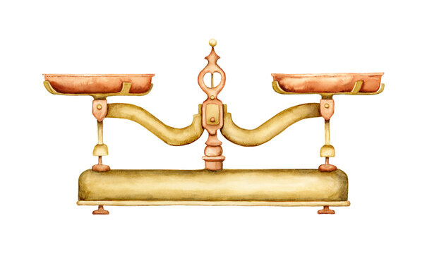 old scale in balance handpainted watercolor illustration isolated on a white background