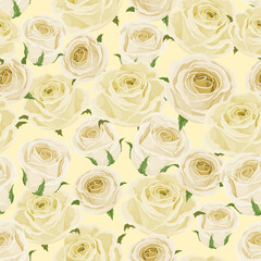 White roses seamless pattern. Bright and clear roses buds on light yellow background. best for package, flyers, wedding invitations. Vector illustration.
