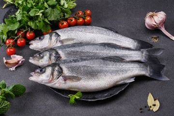 Fresh raw fish Seabass on a black plate with spices. Three seabass fishes with tomatoes, cilantro,...