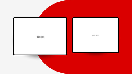 two horizontal arrangements of white blank screens in a black frame on a background with a red pattern. Tablet template or mockup. 1488x2266 and 1668x2388 pixels. illustration