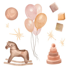 Toys watercolor set. Hand drawn baby items: rocking horse, stars, ball, cubes, air balloons. Childhood clipart