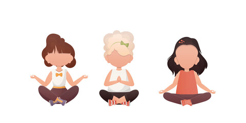 Little girls are meditating. Children's meditation. Cartoon style. Set isolated on a white background.