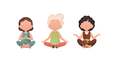Little girls are meditating. Cute yoga, mindfulness and relaxation. Vector. Set isolated on a white background.