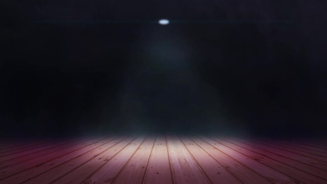 Background of empty dark scene with wooden old floor. Neon light smoke. Dark abstract background