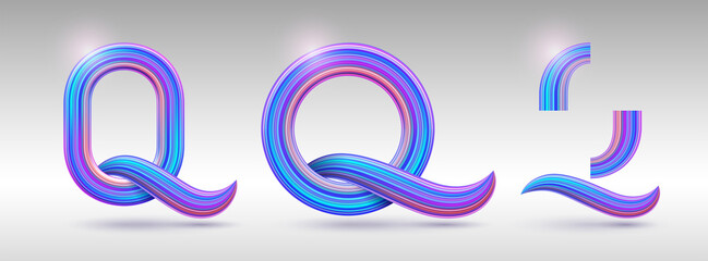Vector template of realistic 3d letter Q in different shapes. Striped monogram O. Volumetric typography with colorful neon stripes for logo, branding. Wavy Font.